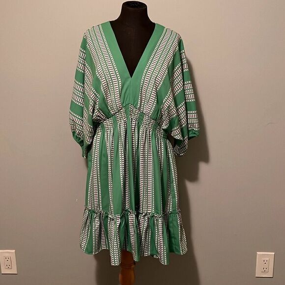 Taylor Women's Green Striped Printed V-Neck Elastic Waist Midi Dress Size 12 - Picture 1 of 12